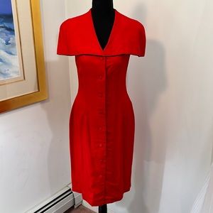 Red silk dress, full button up, silk covered buttons, cape caller, size 10